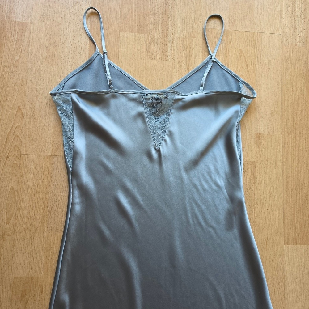 House of Harlow 1960 Teal Grey Satin Lace Trim Maxi Slip Dress Womens Large - Picture 3 of 11